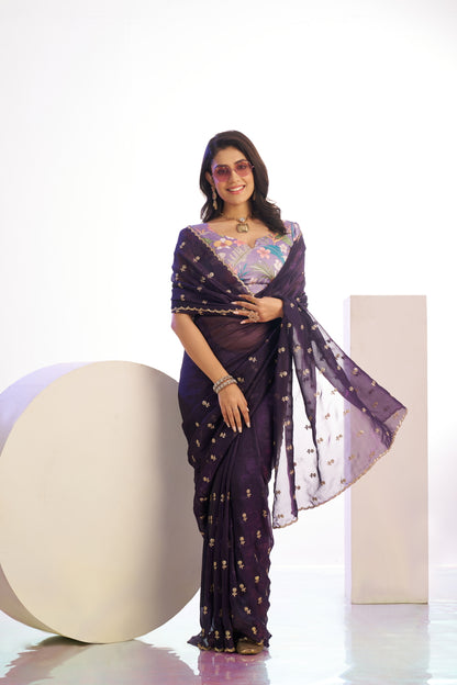 Crunchi Embroidered Work Saree With Printed Blouse Piece