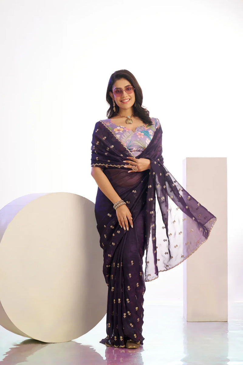 Crunchi Embroidered Work Saree With Printed Blouse Piece - EZBER