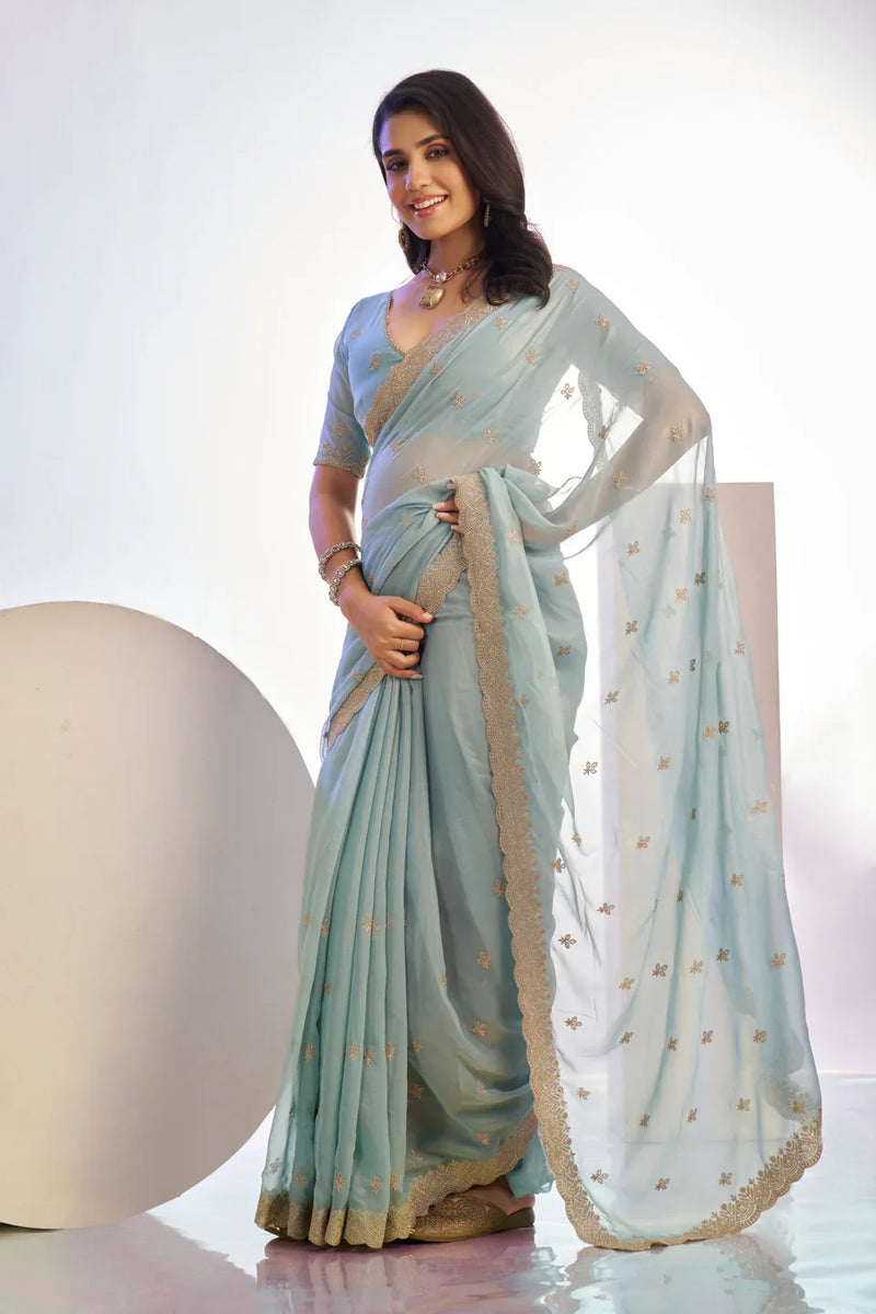 Tissue Embroidered Work Saree With Embroidered Blouse Piece - EZBER