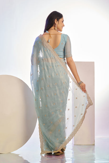 Jimmy Chu Tissue Embroidered Work Saree With Embroidered Blouse Piece