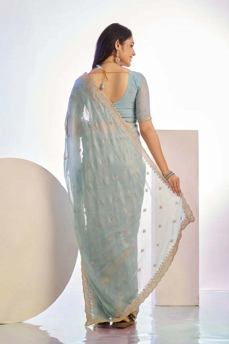 Tissue Embroidered Work Saree With Embroidered Blouse Piece - EZBER