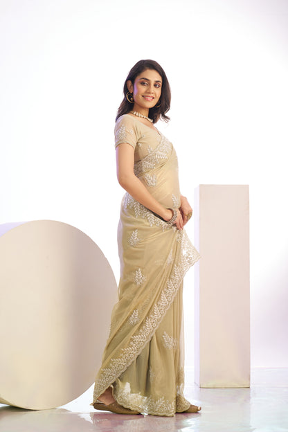 Jimmy Chu Tissue Embroidered Work Saree With Embroidered Blouse Piece