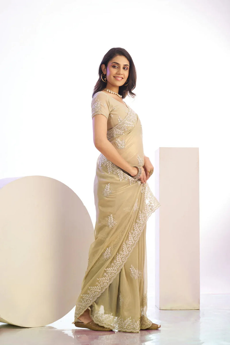Tissue Embroidered Work Saree With Embroidered Blouse Piece - EZBER