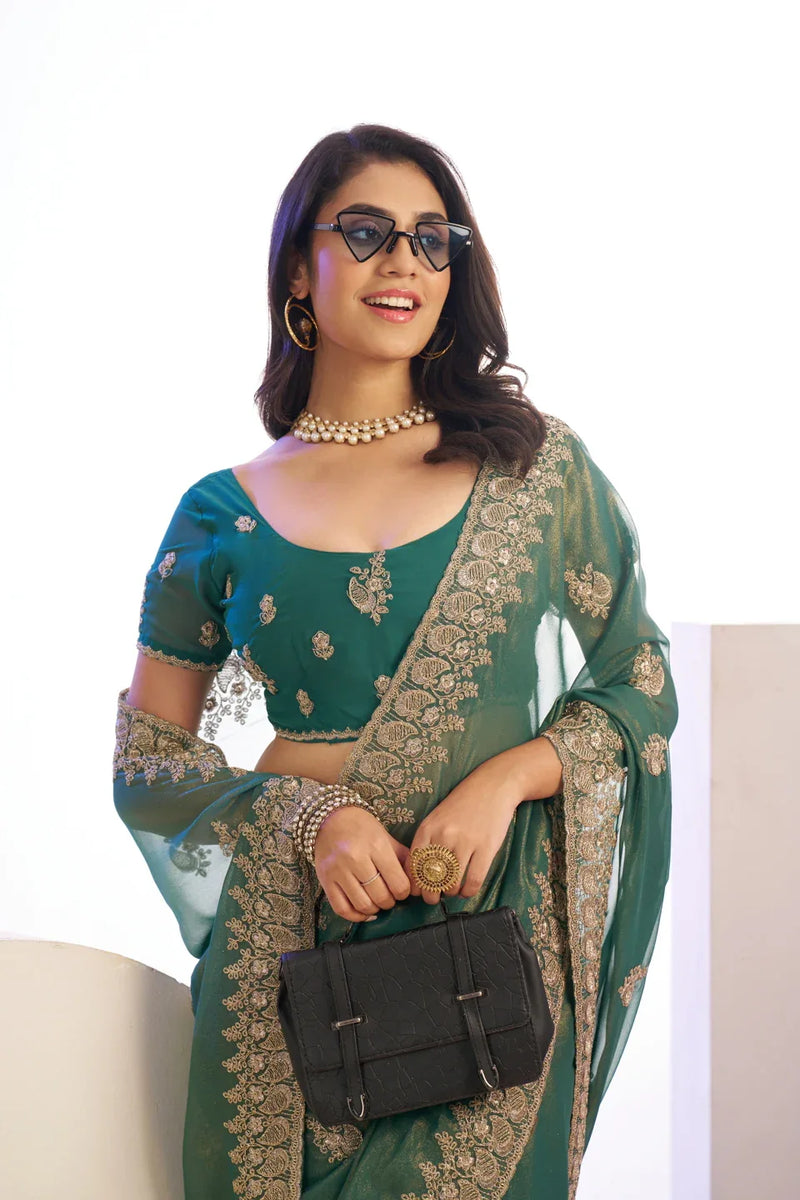 Tissue Embroidered Work Saree With Embroidered Blouse Piece - EZBER