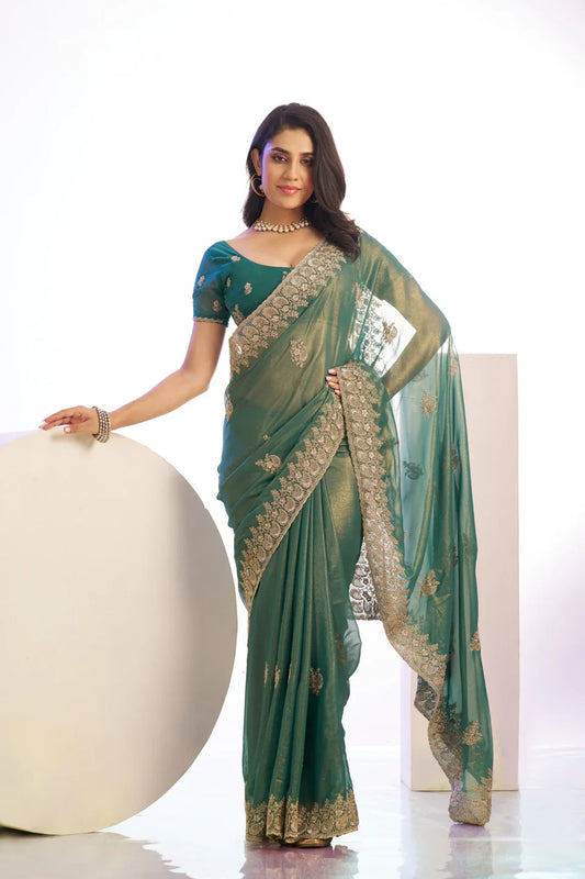 Tissue Embroidered Work Saree With Embroidered Blouse Piece - EZBER
