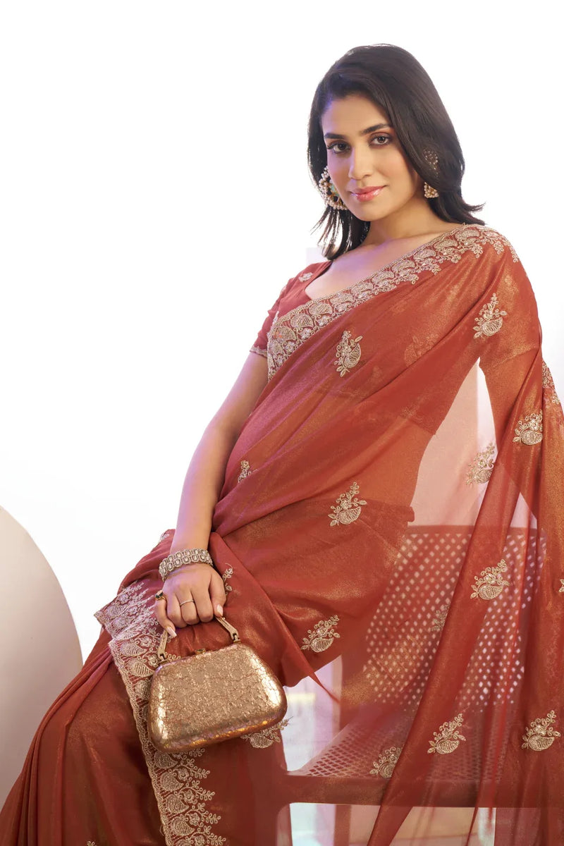 Tissue Embroidered Work Saree With Embroidered Blouse Piece - EZBER