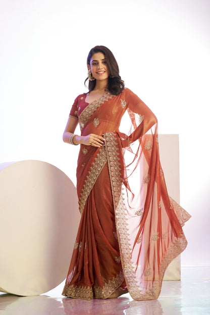Jimmy Chu Tissue Embroidered Work Saree With Embroidered Blouse Piece