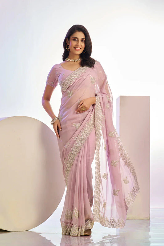 Tissue Embroidered Work Saree With Embroidered Blouse Piece - EZBER