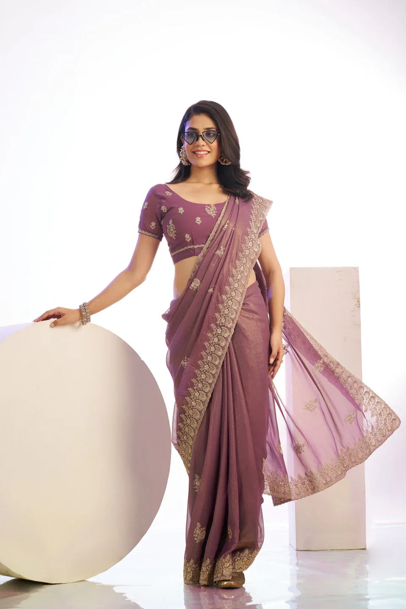 Tissue Embroidered Work Saree With Embroidered Blouse Piece - EZBER