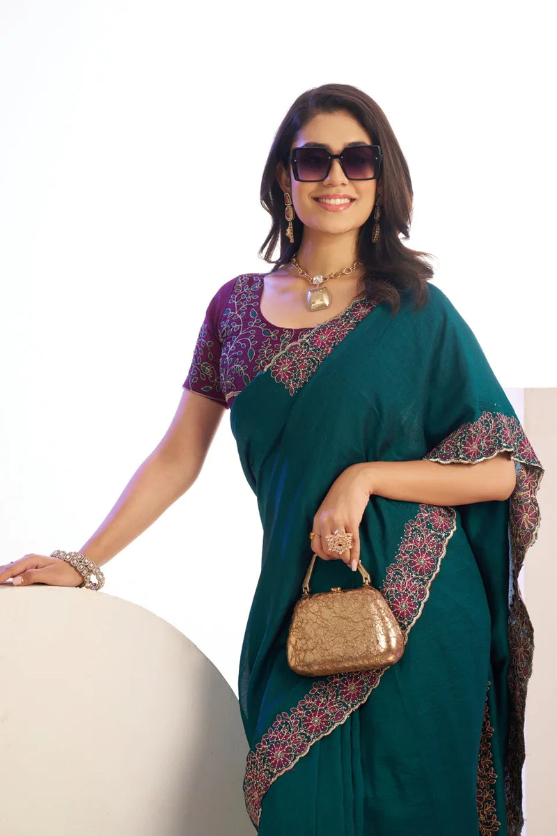 Vichitra Crunchi Sequins Embroidered Work With Blouse Piece - EZBER