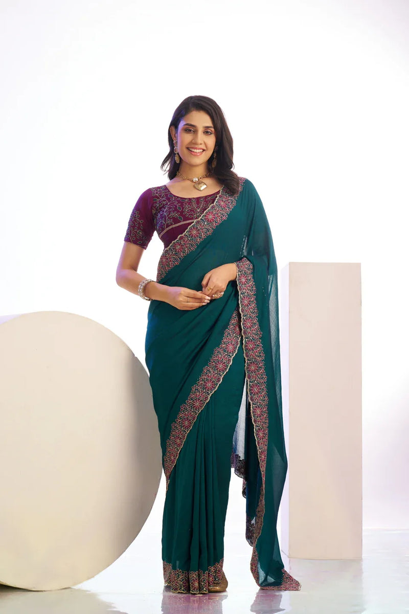 Vichitra Crunchi Sequins Embroidered Work With Blouse Piece - EZBER