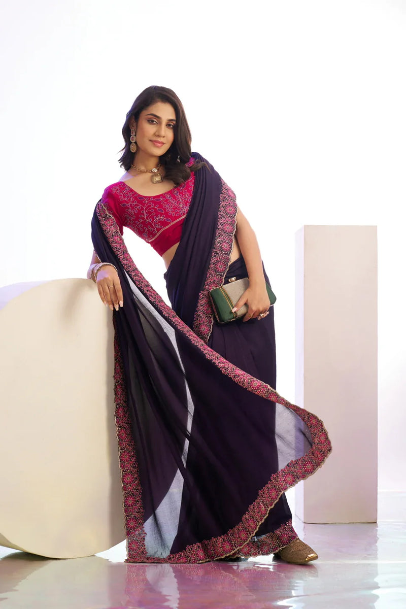 Vichitra Crunchi Sequins Embroidered Work With Blouse Piece - EZBER