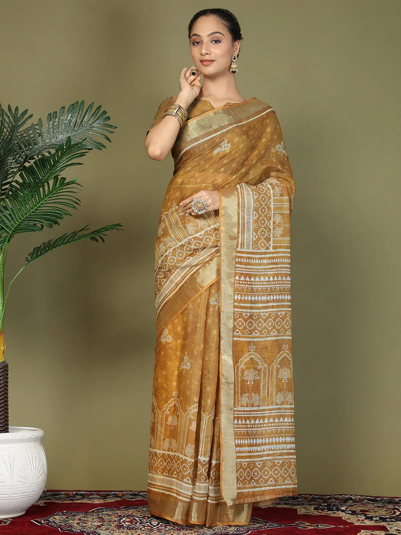 Golden Cotton Saree With Blouse Piece - EZBER