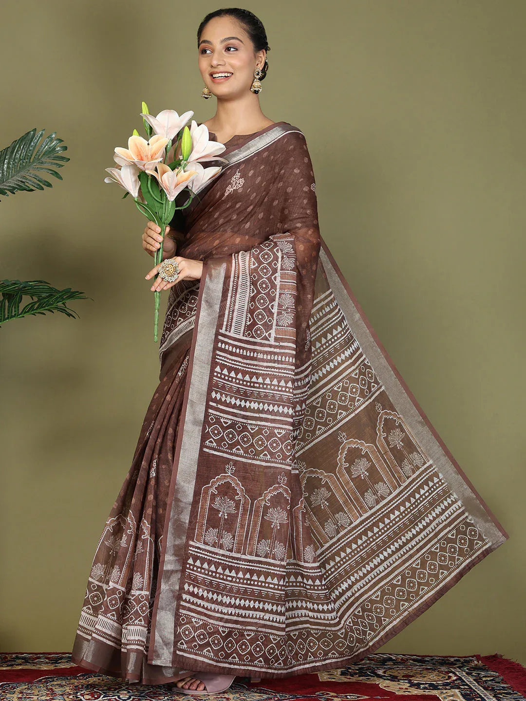 Brown Cotton Saree With Blouse Piece - EZBER