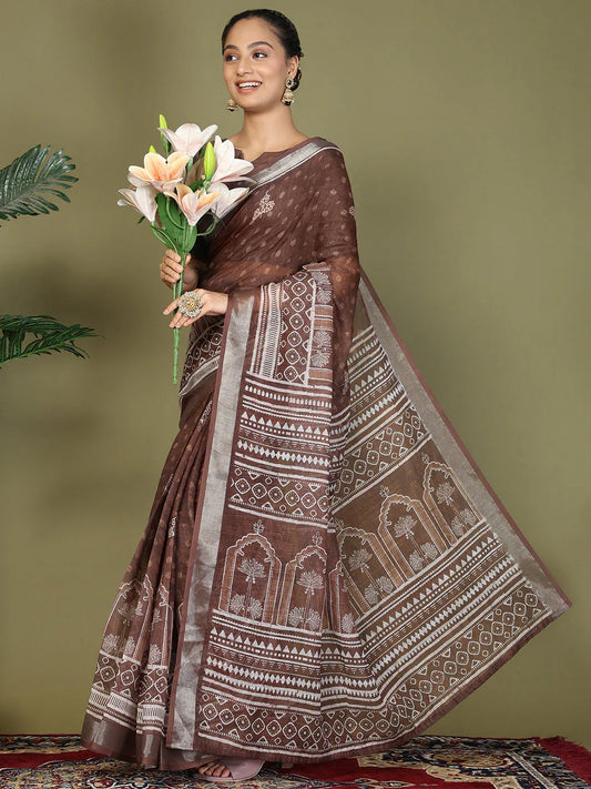 Brown Cotton Saree With Blouse Piece - EZBER