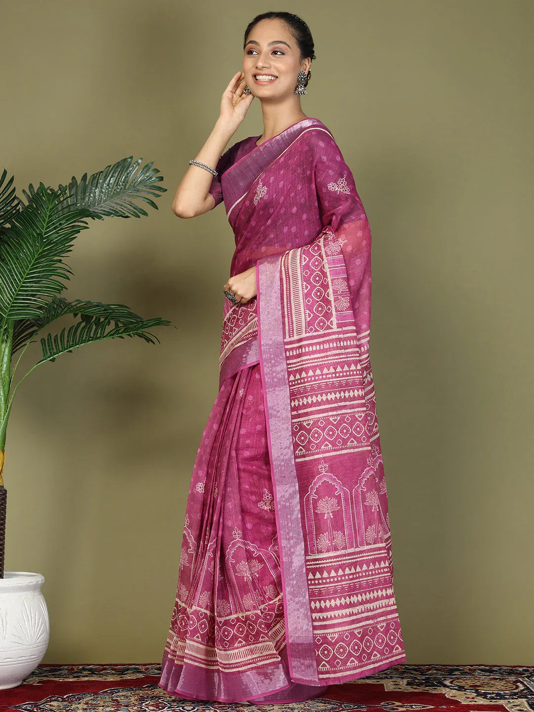 Purple Cotton Saree With Blouse Piece - EZBER