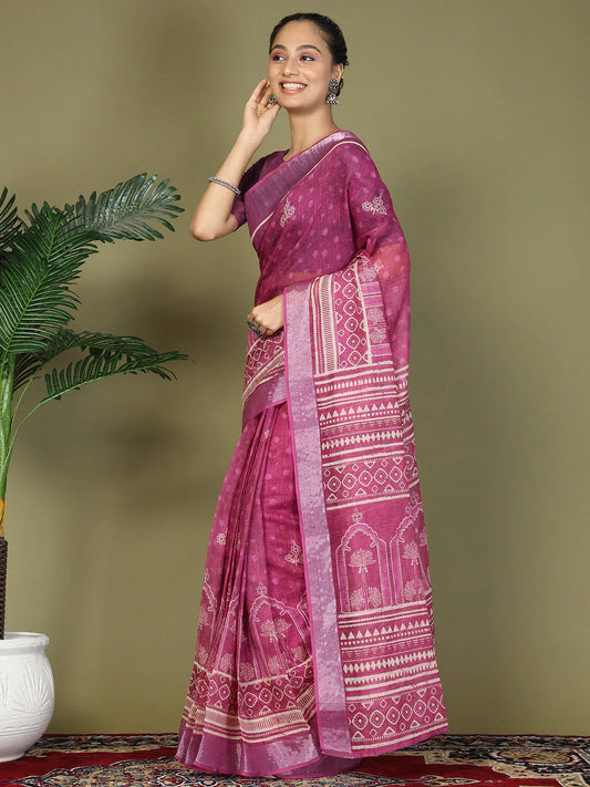 Purple Cotton Saree With Blouse Piece - EZBER