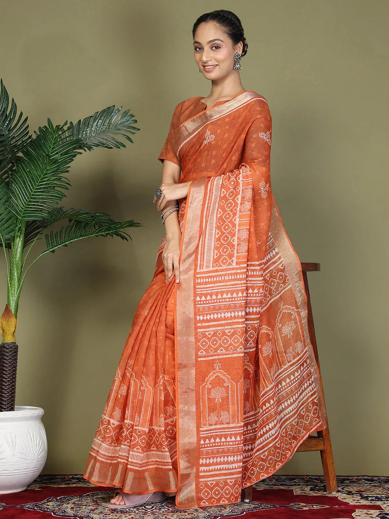 Orange Cotton Saree With Blouse Piece - EZBER
