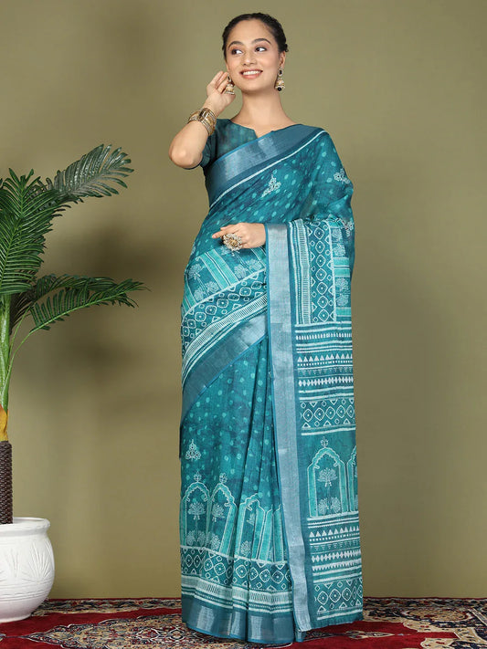 Sea Green Cotton Saree With Blouse Piece - EZBER