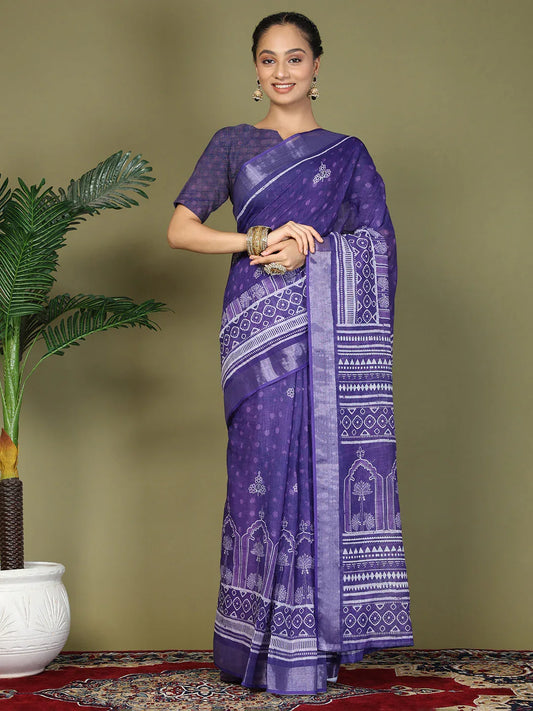 Violet Cotton Saree With Blouse Piece - EZBER