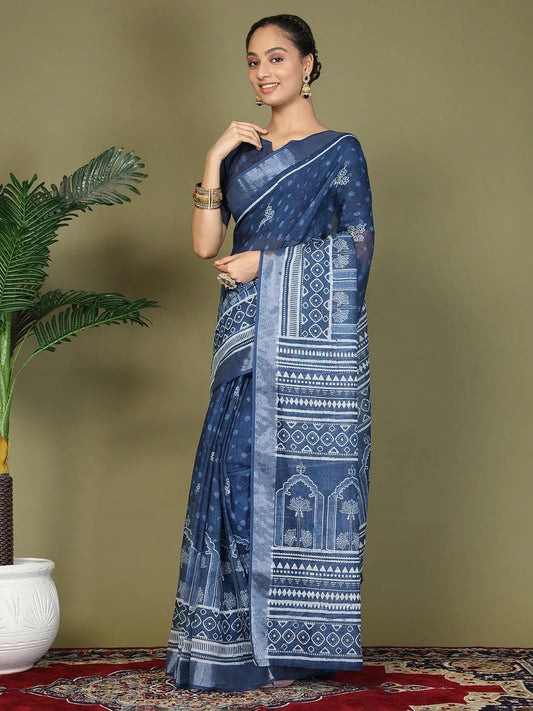 Blue Cotton Saree With Blouse Piece - EZBER