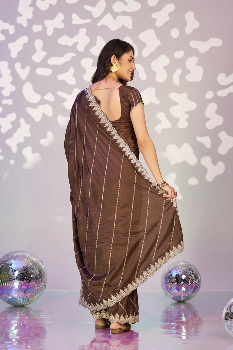 Ready To Wear Fancy Crepe Embroidered Saree With Embroidered Blouse Piece - EZBER