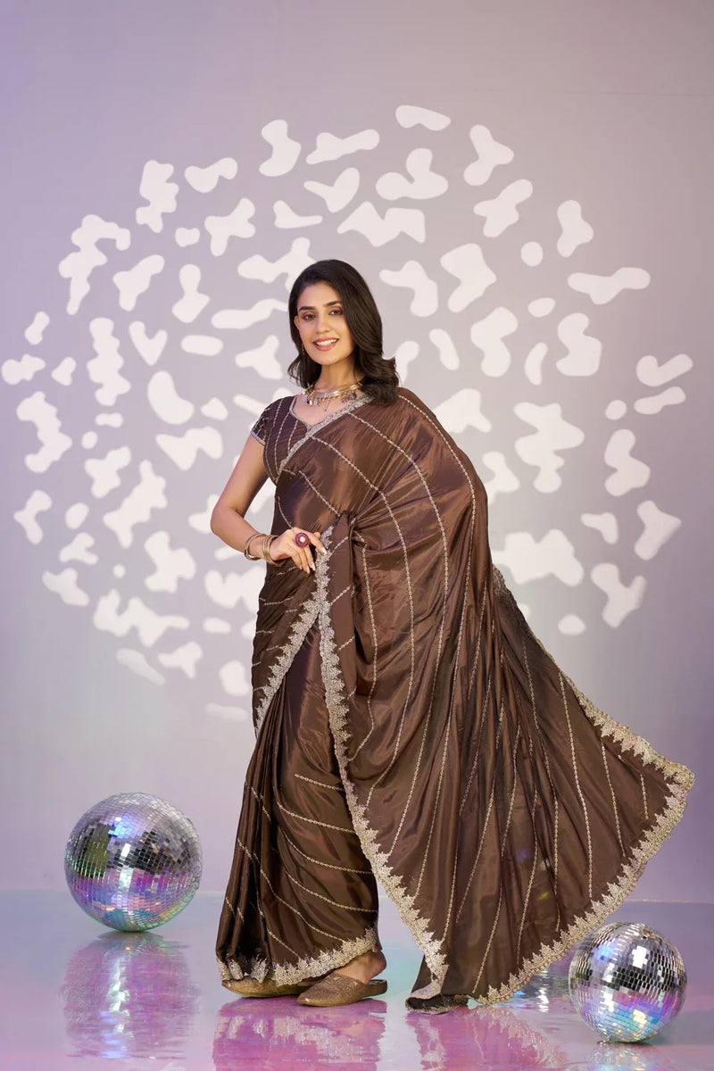 Ready To Wear Fancy Crepe Embroidered Saree With Embroidered Blouse Piece - EZBER