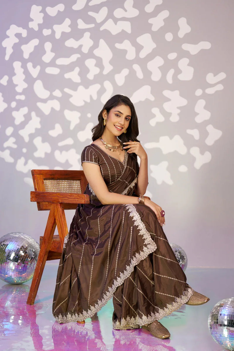 Ready To Wear Fancy Crepe Embroidered Saree With Embroidered Blouse Piece - EZBER