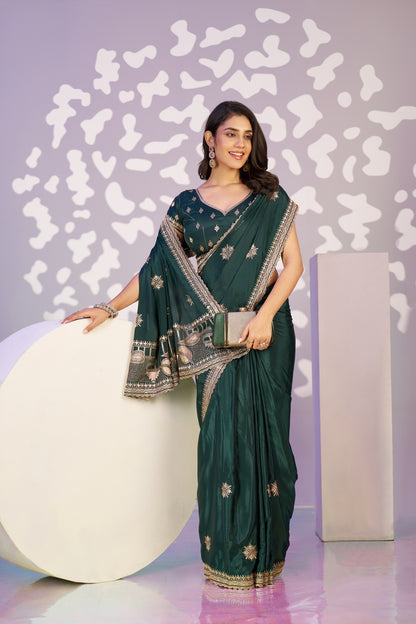 Ready To Wear Fancy Crepe Embroidered Saree With Embroidered Blouse Piece