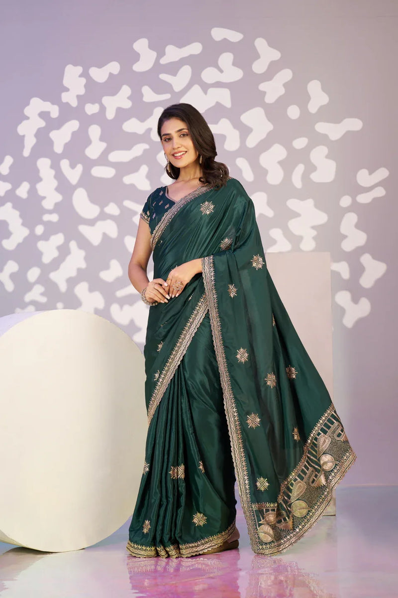 Ready To Wear Fancy Crepe Embroidered Saree With Embroidered Blouse Piece - EZBER