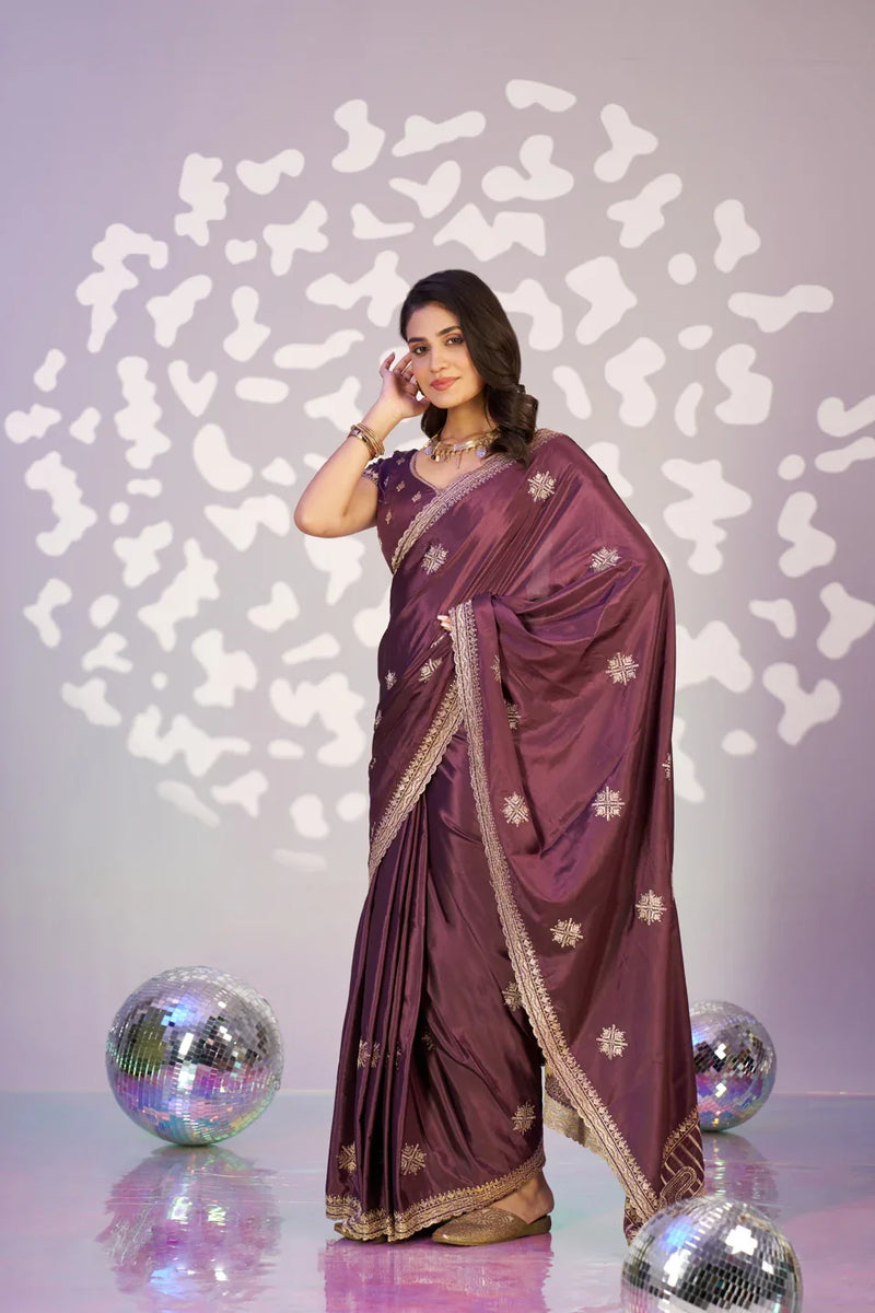 Ready To Wear Fancy Crepe Embroidered Saree With Embroidered Blouse Piece - EZBER