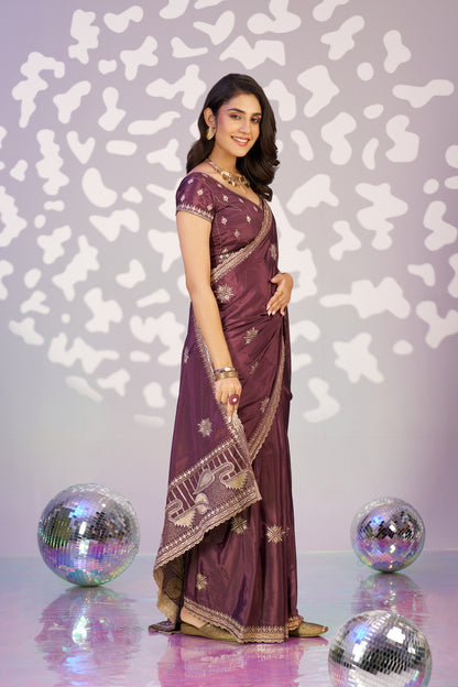 Ready To Wear Fancy Crepe Embroidered Saree With Embroidered Blouse Piece