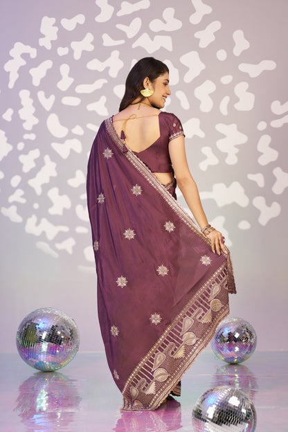 Ready To Wear Fancy Crepe Embroidered Saree With Embroidered Blouse Piece