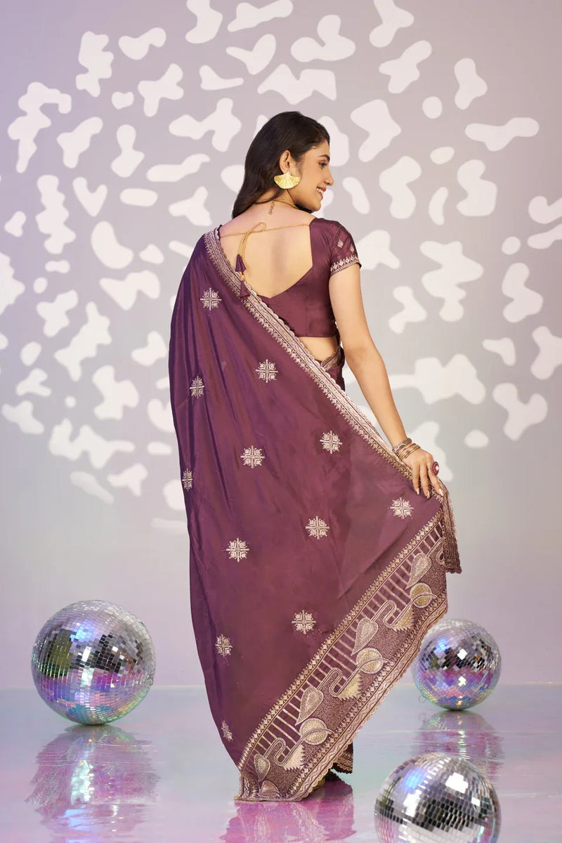 Ready To Wear Fancy Crepe Embroidered Saree With Embroidered Blouse Piece - EZBER