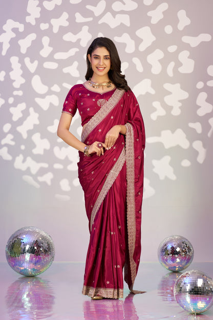 Ready To Wear Fancy Crepe Embroidered Saree With Embroidered Blouse Piece