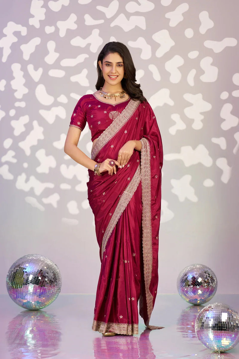 Ready To Wear Fancy Crepe Embroidered Saree With Embroidered Blouse Piece - EZBER