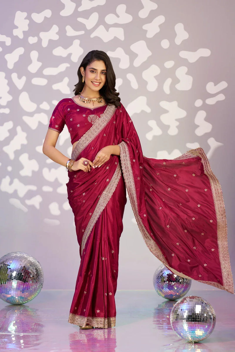 Ready To Wear Fancy Crepe Embroidered Saree With Embroidered Blouse Piece - EZBER