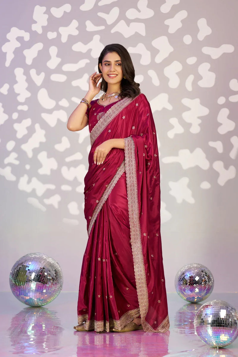 Ready To Wear Fancy Crepe Embroidered Saree With Embroidered Blouse Piece - EZBER