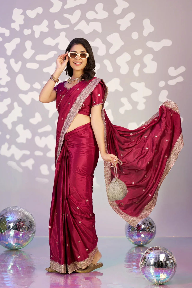 Ready To Wear Fancy Crepe Embroidered Saree With Embroidered Blouse Piece - EZBER