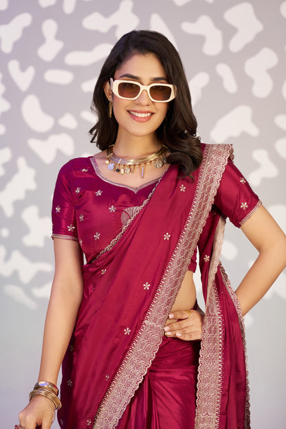 Ready To Wear Fancy Crepe Embroidered Saree With Embroidered Blouse Piece