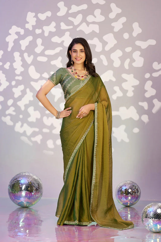 Ready To Wear Moss Embroidered Lace Border With Embroidered Work Blouse Piece - EZBER