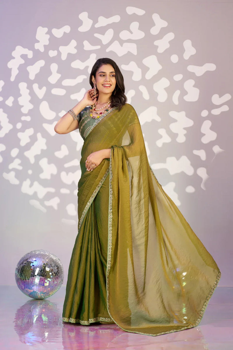 Ready To Wear Moss Embroidered Lace Border With Embroidered Work Blouse Piece - EZBER