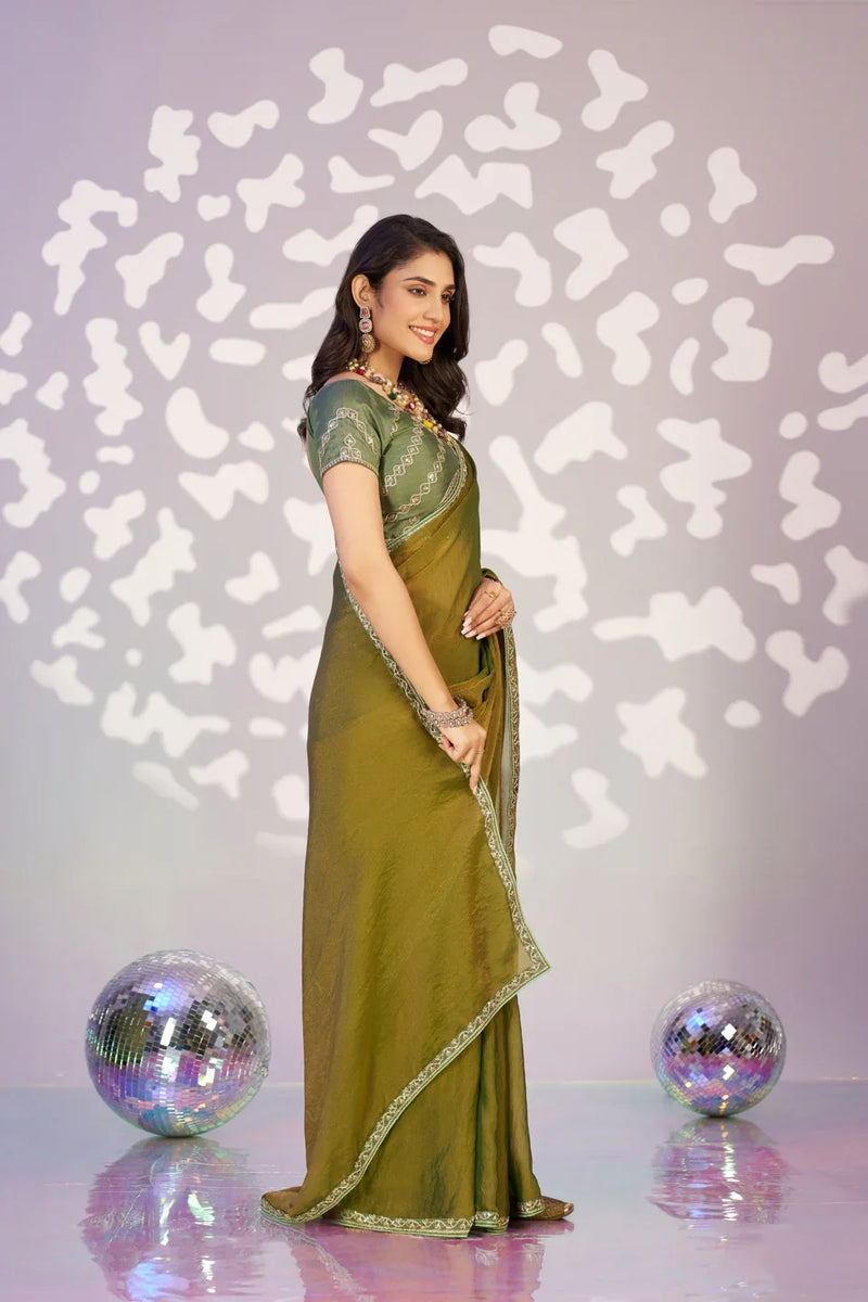 Ready To Wear Moss Embroidered Lace Border With Embroidered Work Blouse Piece - EZBER