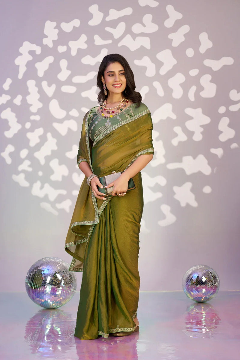 Ready To Wear Moss Embroidered Lace Border With Embroidered Work Blouse Piece - EZBER