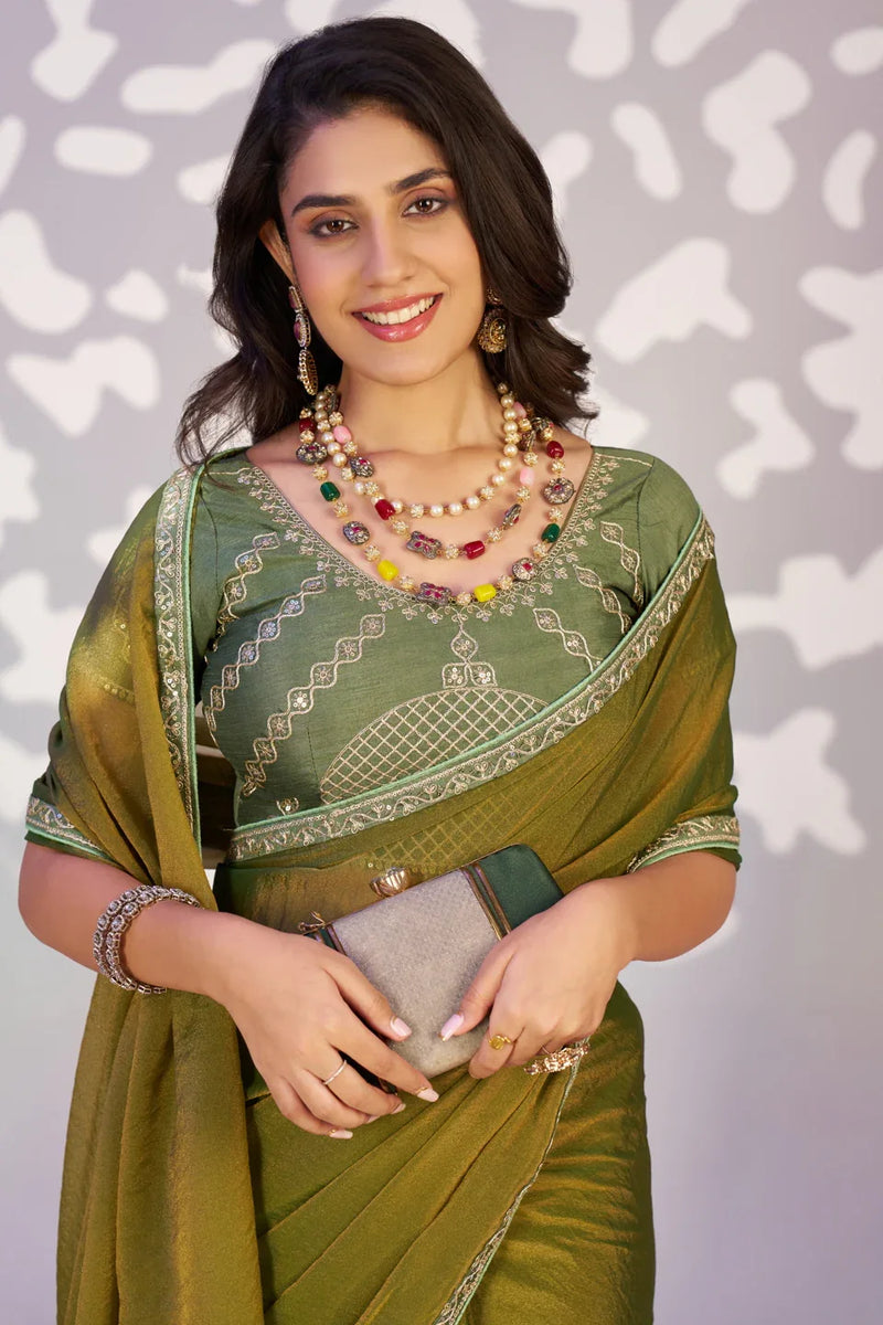 Ready To Wear Moss Embroidered Lace Border With Embroidered Work Blouse Piece - EZBER