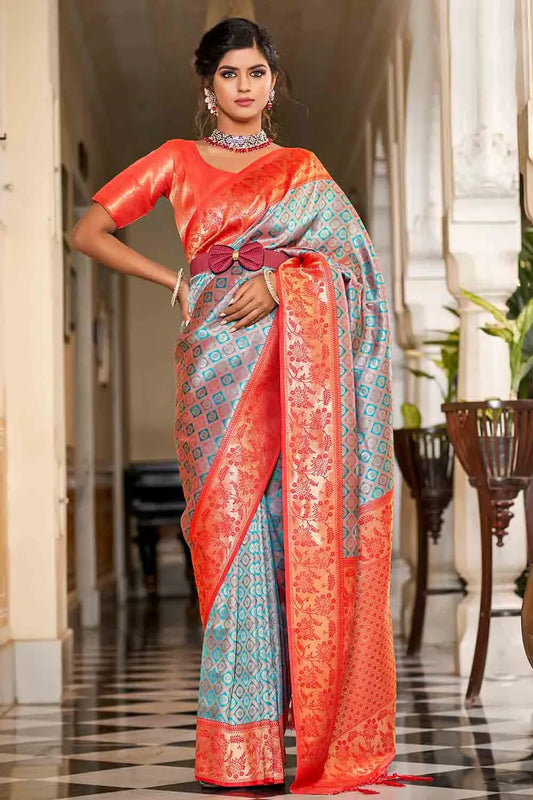 Blue And Orange Banarasi Saree - EZBER