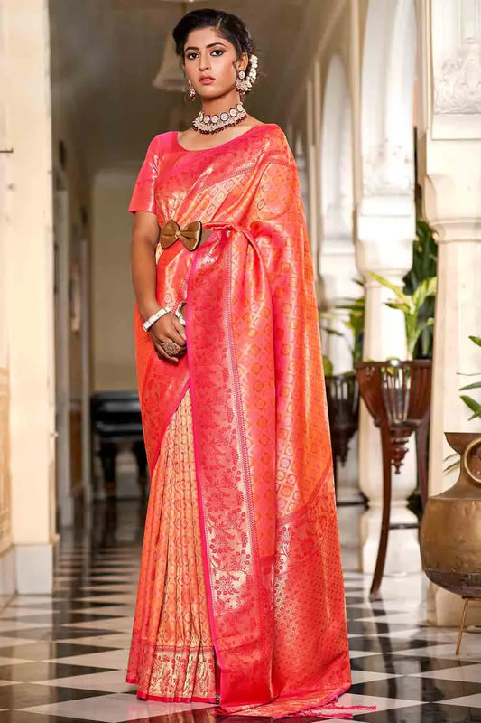 Orange And Red Banarasi Saree - EZBER