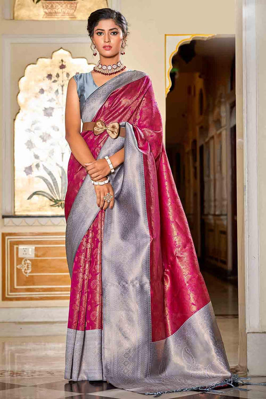 Wine And Grey Banarasi Saree - EZBER