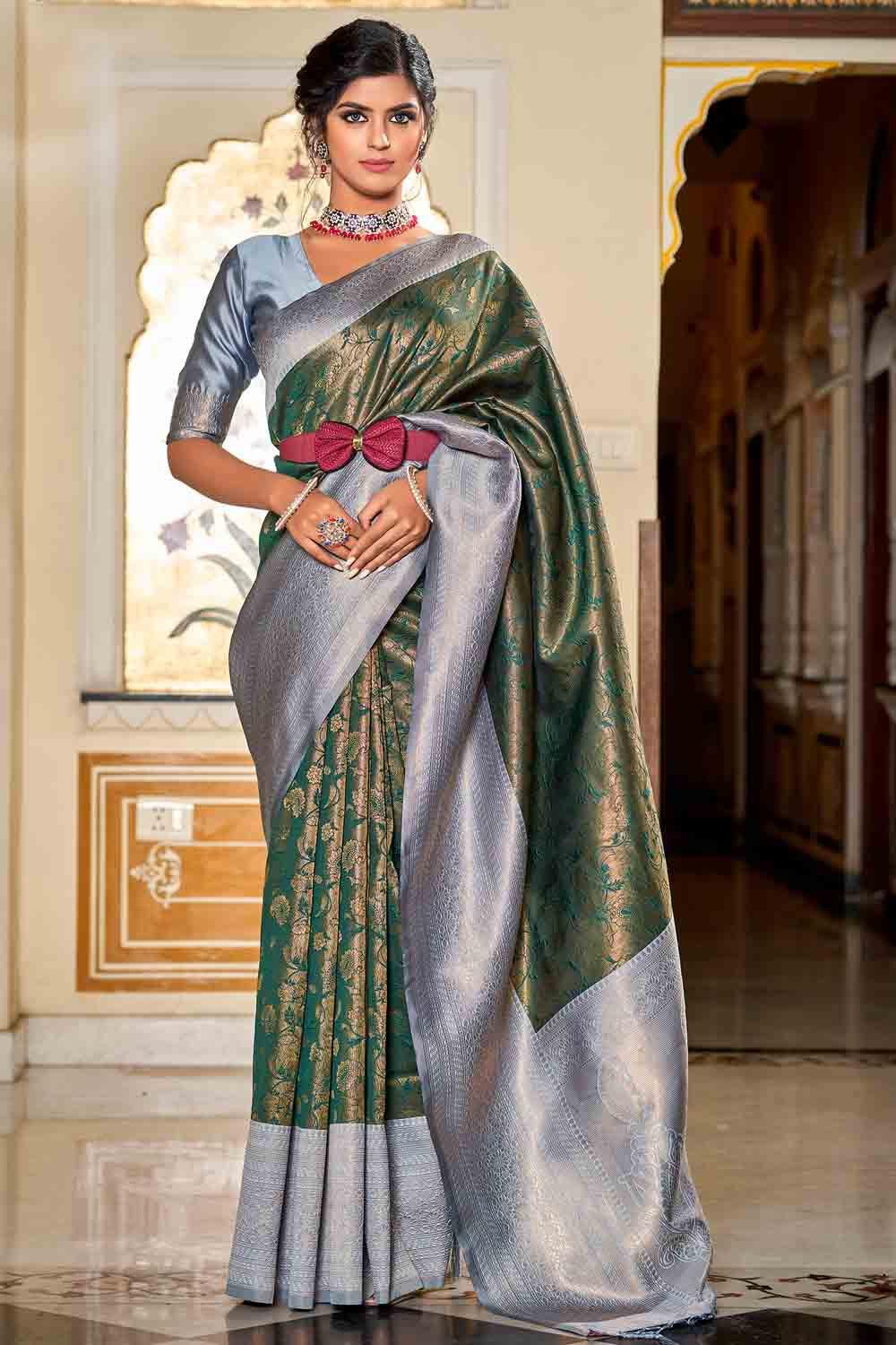 Green And Grey Banarasi Saree - EZBER