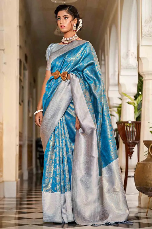 Blue And Grey Banarasi Saree - EZBER